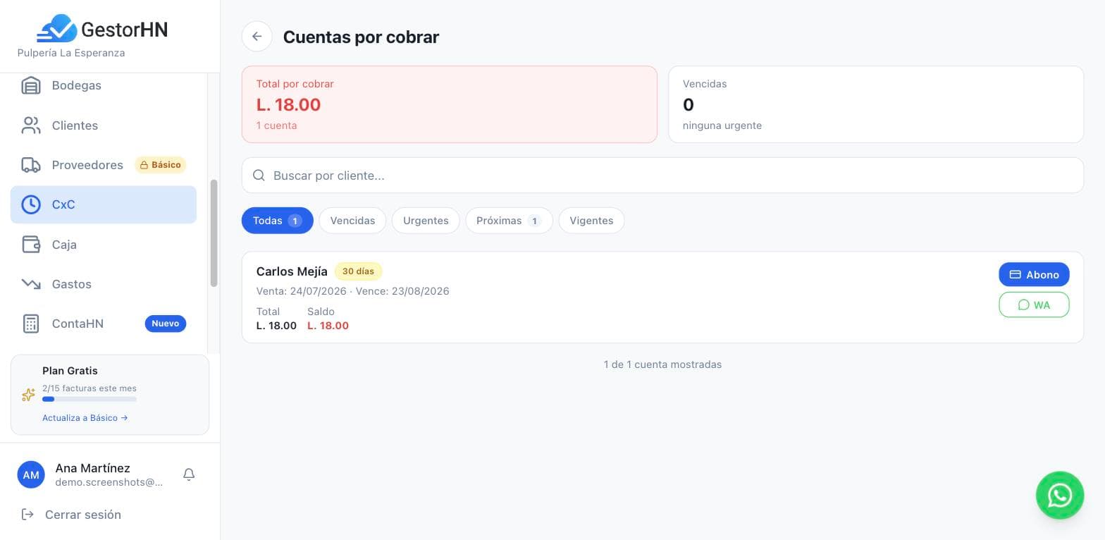 Cuentas por cobrar de GestorHN con recordatorio por WhatsApp