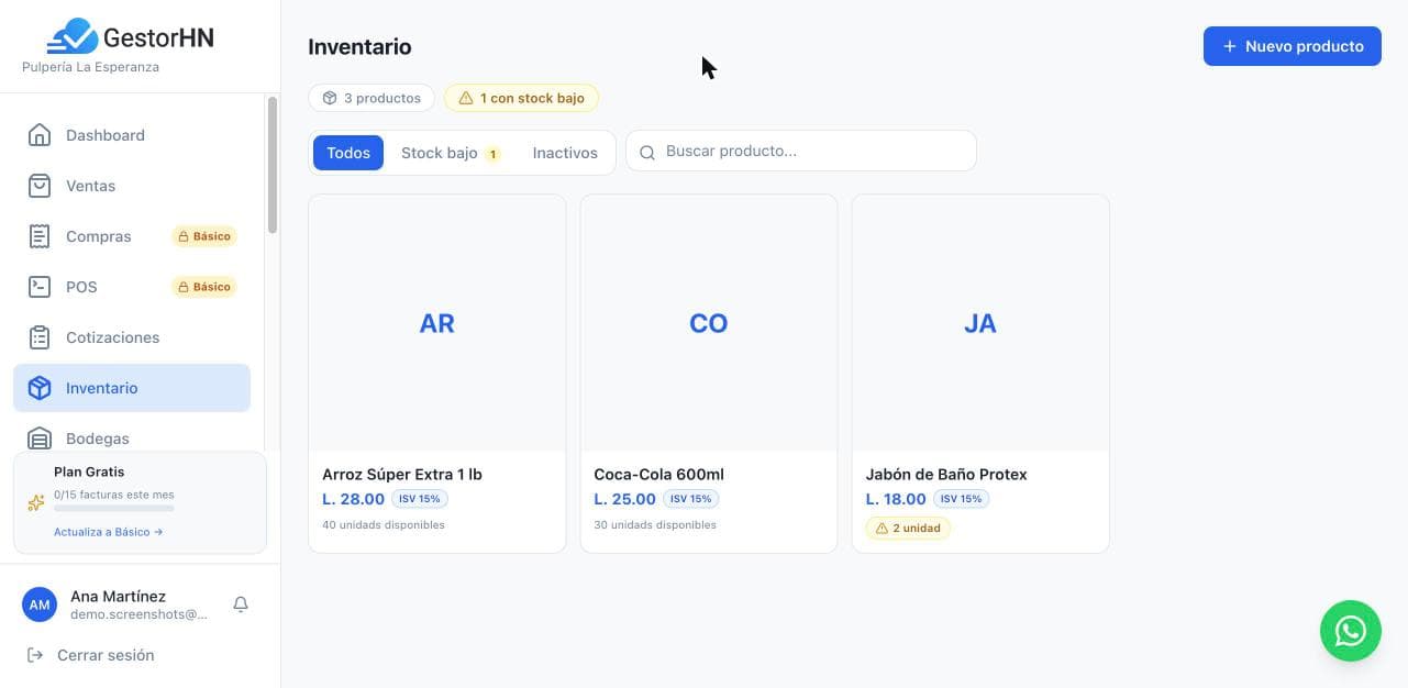 Inventario de GestorHN con alerta de stock bajo